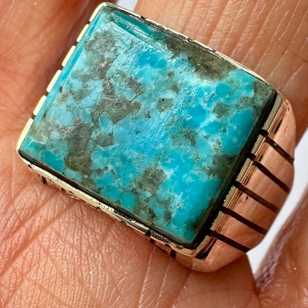 Navajo Turquoise Mens Ring Sz 10 Band Rectangle Signed Jack Sterling 14mm